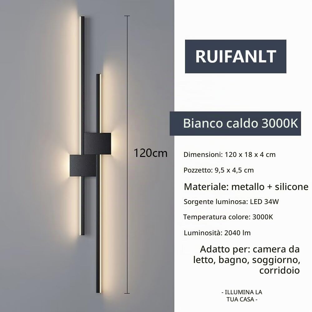 LED Applique da Parete Interno Lunga 120cm, Nero Linea Lunga Lampada da Parete Moderna 34W 3000K Minimalista Applique Lineare da Parete Lampada Muro Up Down per Soggiorno Camera da letto Bagno