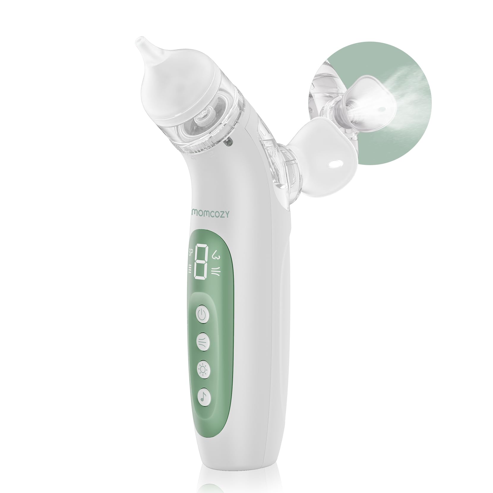 Momcozy BreezyClea Aspiratore Nasale Neonato Elettrico 2 in 1 con Spray, Aspirazione 65 kPa di Grado Ospedaliero, 4 Livelli Regolabili, Silenzioso e Portatile, Luce e Musica Calmanti