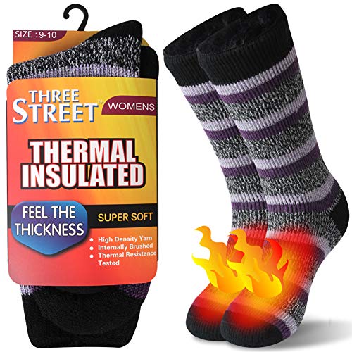 Insulated Socks Womens, Three street Extreme Cold High Bulk Acrylic Thermal Boot Crew Socks,Colorful Casual Striped Thick Warm Winter Fuzzy Socks for Girlfriend Valentines Gift Black Purple
