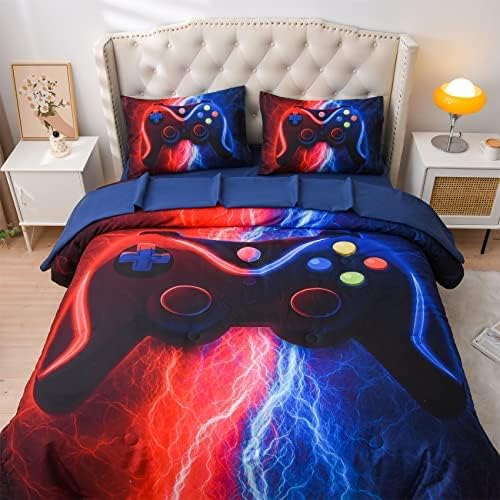 Miniatura 3 de Juego de ropa de cama para jugadores Meeting Story, conjunto de edredón con diseño de rayos y gamepad para niños, botones de acción, decoración