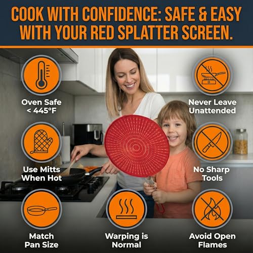 Silicone Splatter Screen for Frying Pan, 13” Red – Folds Flat with Sleeves, Dishwasher Safe Grease & Oil Splatter Guard, Heat Resistant Splash Guard Fits 10–12” Pans, Most 13” Skillets - image 7