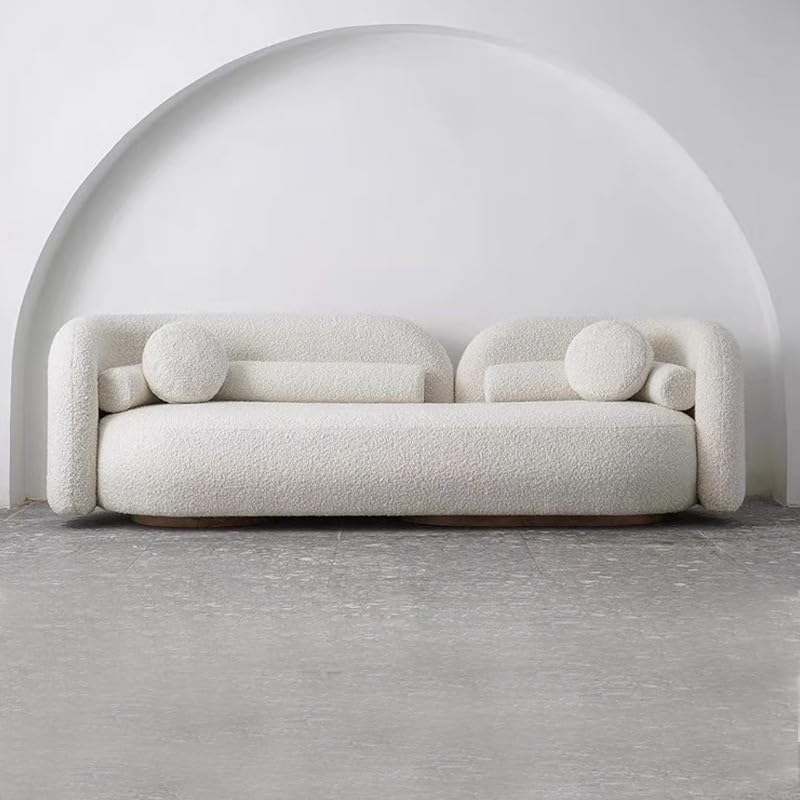 Modern Curved Sectional Sofa, Boucle Fabric, Round Accent Pillows, Cream White