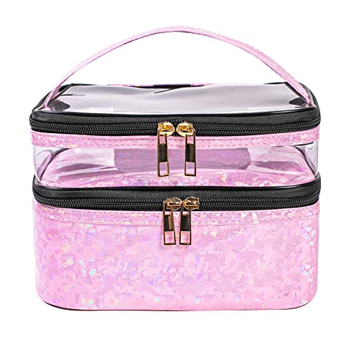 FITINI Makeup Bags Double Layer Travel Storage Cosmetic Cases Make-up Organizer Toiletry Bags Water-resistant for Women Makeup Brush Bag,Light Pink Holographic