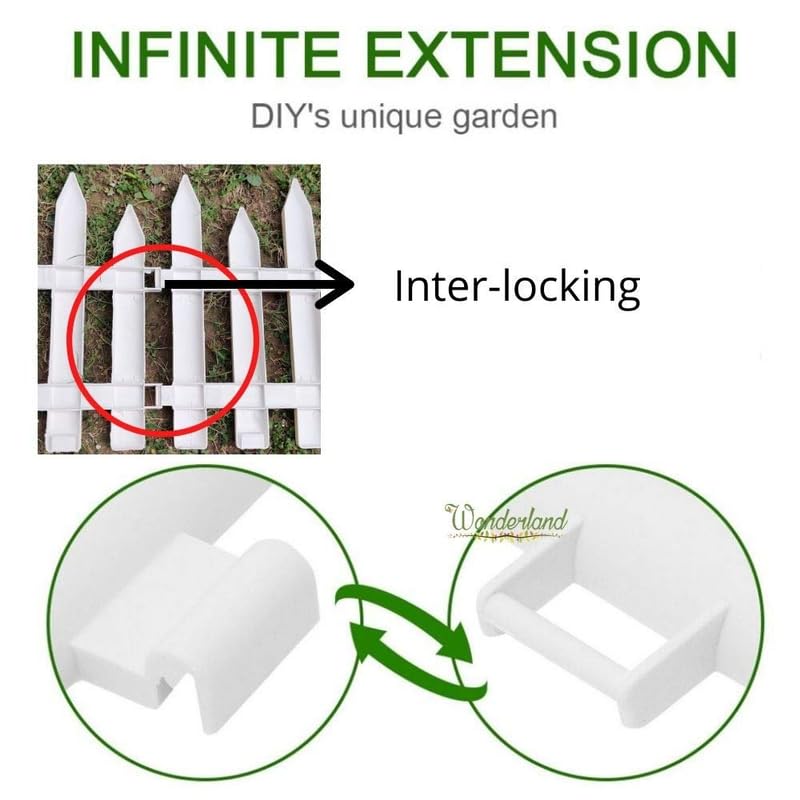 Image of Wonderland White Picket Garden Fence Panels, Plastic, 4 Piece Set, 50.4 cm Length, Decorative Border with Spikes