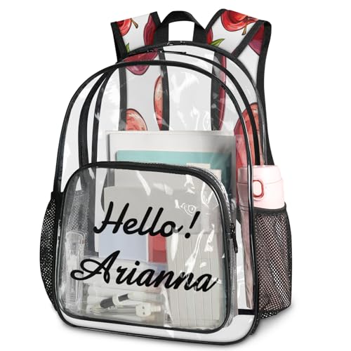 Apples Personalized Large Clear Backpack Heavy Duty for Stadium Approved Custom Fruits and Leaves PVC Transparent Backpack with Name See Through Bag for Concerts