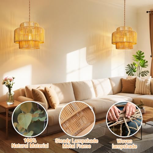 Image of Hanging Light Lamp Shades Boho Rattan Lamp Shades, Woven LampShades for Floor Lamps Rattan Pendant Lights Boho Lamp Ceiling Light, Plug in Pendant Light Fixtures Hanging Lamp 1.54lb
