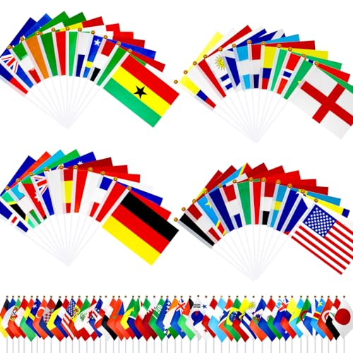 50 Pack Small World Flags on Stick Mini World Handheld Flag with Plastic White Pole for 2026 World Soccer Cup Decoration, Bar, Sports Events, Festival Celebrations