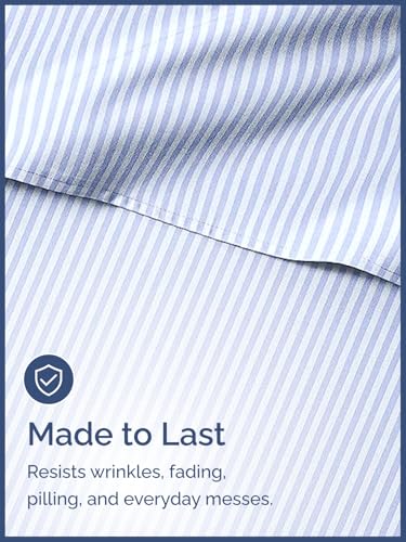 Image of Kids Queen Blue Pinstripes Bed Sheets - 4 Piece Blue Pinstripes Sheet Set | Blue Pinstripes Themed Bedding, Ultra-Soft, Cute & Cozy, Breathable & Machine Washable, Bed Set for Boys, Girls & Teens, Cozy