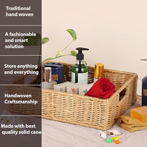 Image of DECOWAY Wicker Seagrass Kauna Grass Water Hyacinth Rattan Cane Storage Rectangular Basket - (Beige Color) (12 inchL X 8 inchW X 4 inchH)
