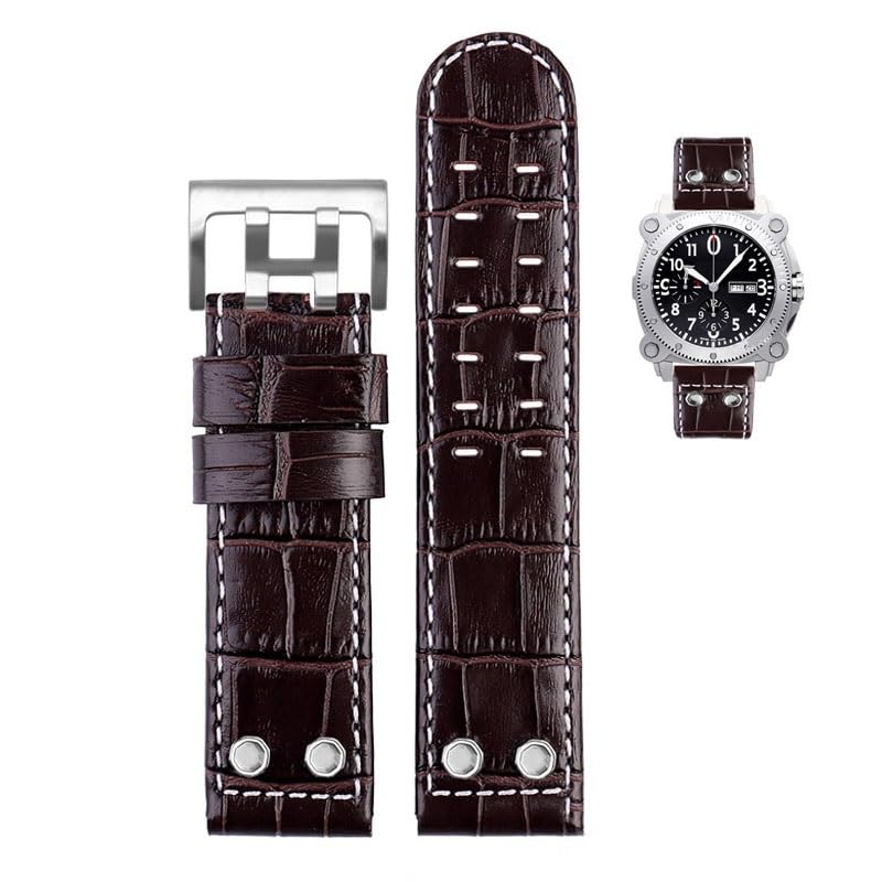 Bracelet de montre cuir riveté marron pour Hamilton Khaki H78555553 24mm