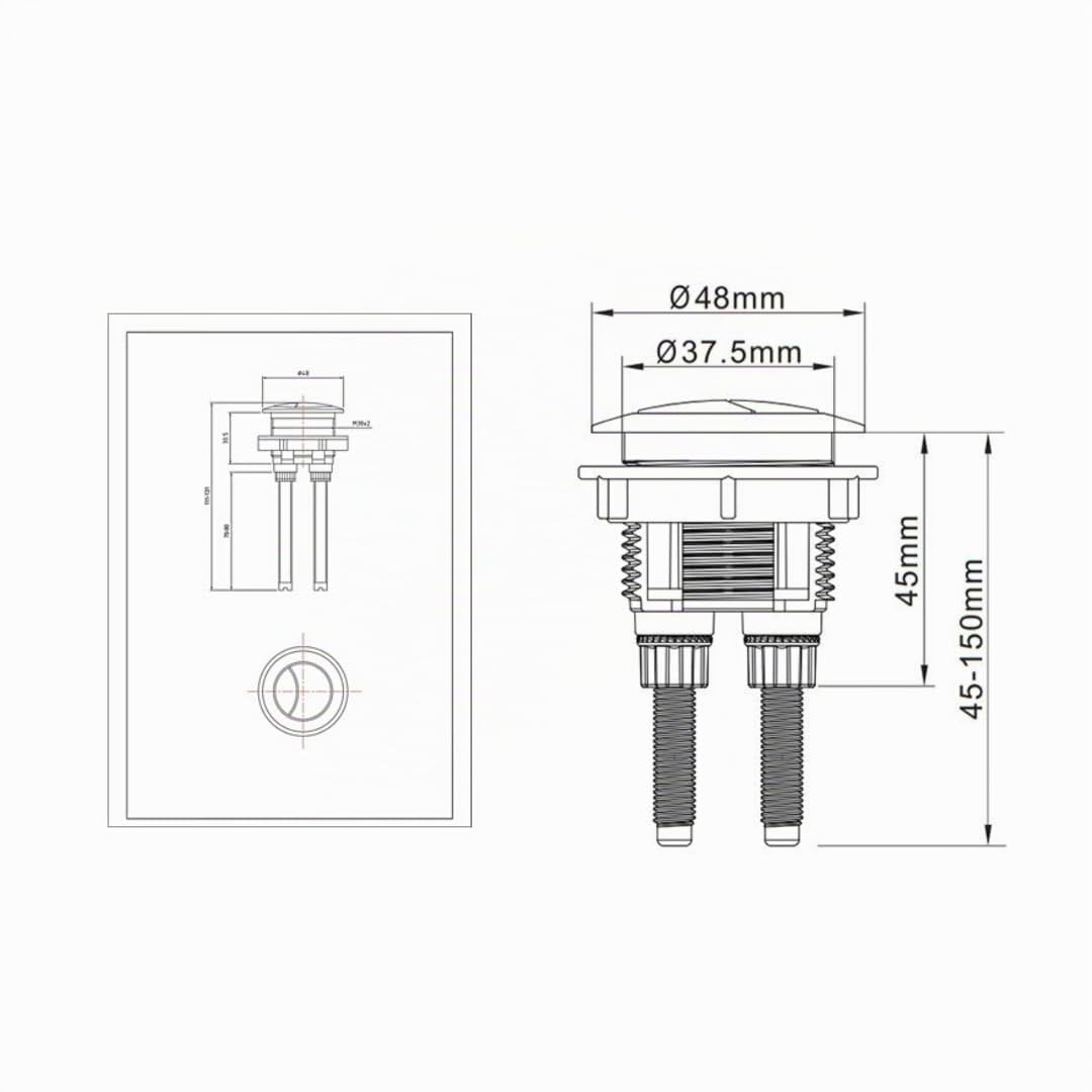 Botón de descarga de inodoro de latón cepillado, agujero de cisterna de 38 mm, husillos ajustables de hasta 125 mm, montaje superior o frontal, acción suave, botón ABS con tuerca trasera segura para