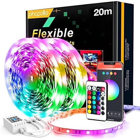 phopollo Led Strip Light, 20m led Light Strips with Remote & App,Music Sync Mode with Mic, Smart Flexible12v Led Lights for Bedroom Ceiling, Party,Stairs(10Mx2) Cover