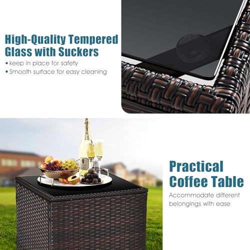Image of Tangkula 3 Pieces Patio Furniture Set, PE Rattan Wicker 3 Pcs Outdoor Sofa Set w /Washable Cushion and Tempered Glass Tabletop, Conversation Furniture for Garden Poolside Balcony (Prussian Blue)
