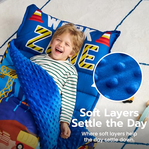 Image of JOIEDOMI Toddler Sleeping Bag for Kids 55''x30'' Nap Mat with Removable Pillow and Minky Blanket for Toddler Ages 3-7 Roll Up Soft Kids Sleeping Bag for Boys Girls Kindergarten Daycare Sleepover