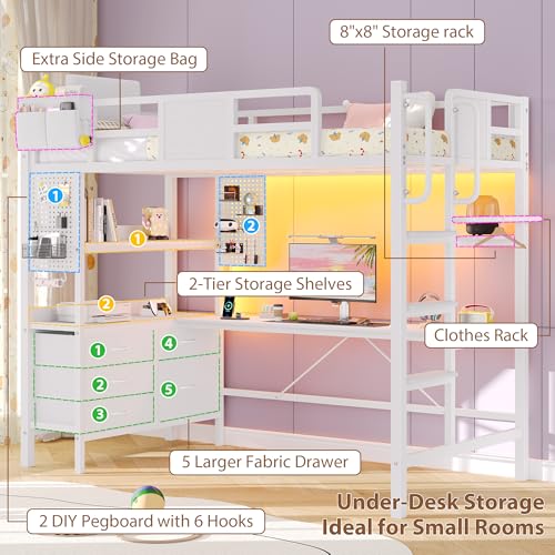 Image of Dnxao Loft Bed Twin Size with L-Shaped Desk, Heavy-Duty Metal Twin Loft Bed with 5 Storage Drawers, LED Lights & Charging Station, Reinforced Stable Structure for Small Room Dorm Apartment, White