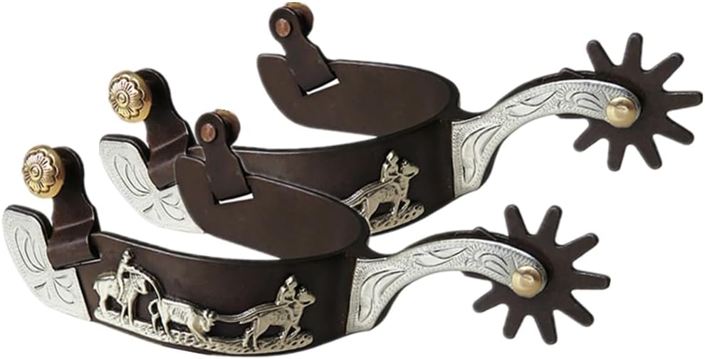 UNISTRENGH 2Pcs Western Spurs Vintage Carved Spurs Retro Bronze Low Carbon Steel Horse Spurs with Turnable Gear, for Horse