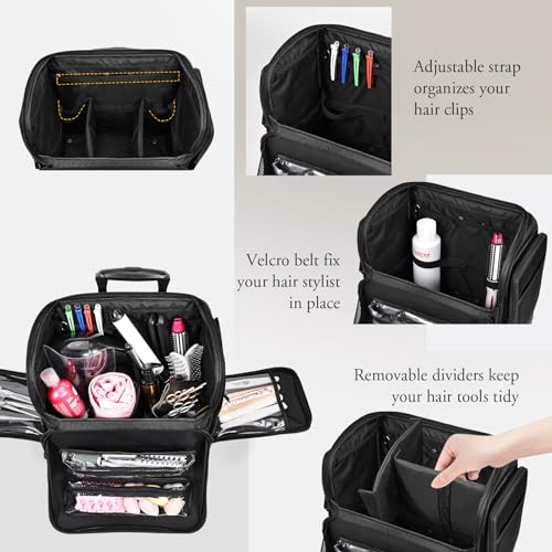 Costravio Rolling Makeup Case Hairstyling Travel Bag Large Cosmetic Storage Organizer Soft-sided Trolley Bag with Dividers and 2 Pouches for Hairstylist, Makeup Artist and Cosmetologist - Black Nylon by Costravio - Image 2