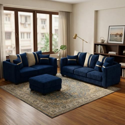 Image of Vero Plush Comfort Sofa Set | 3 Seater + 2 Seater with Ottoman | Luxury Velvet Suede Fabric | Modern Living Room Sofa | Dark Blue