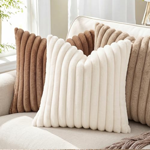 Image of Pallene Faux Fur Plush Throw Pillow Covers 18x18 Set of 2, Luxury Soft Fluffy Striped Decorative Pillow Covers for Sofa, Couch, Living Room, Cream White