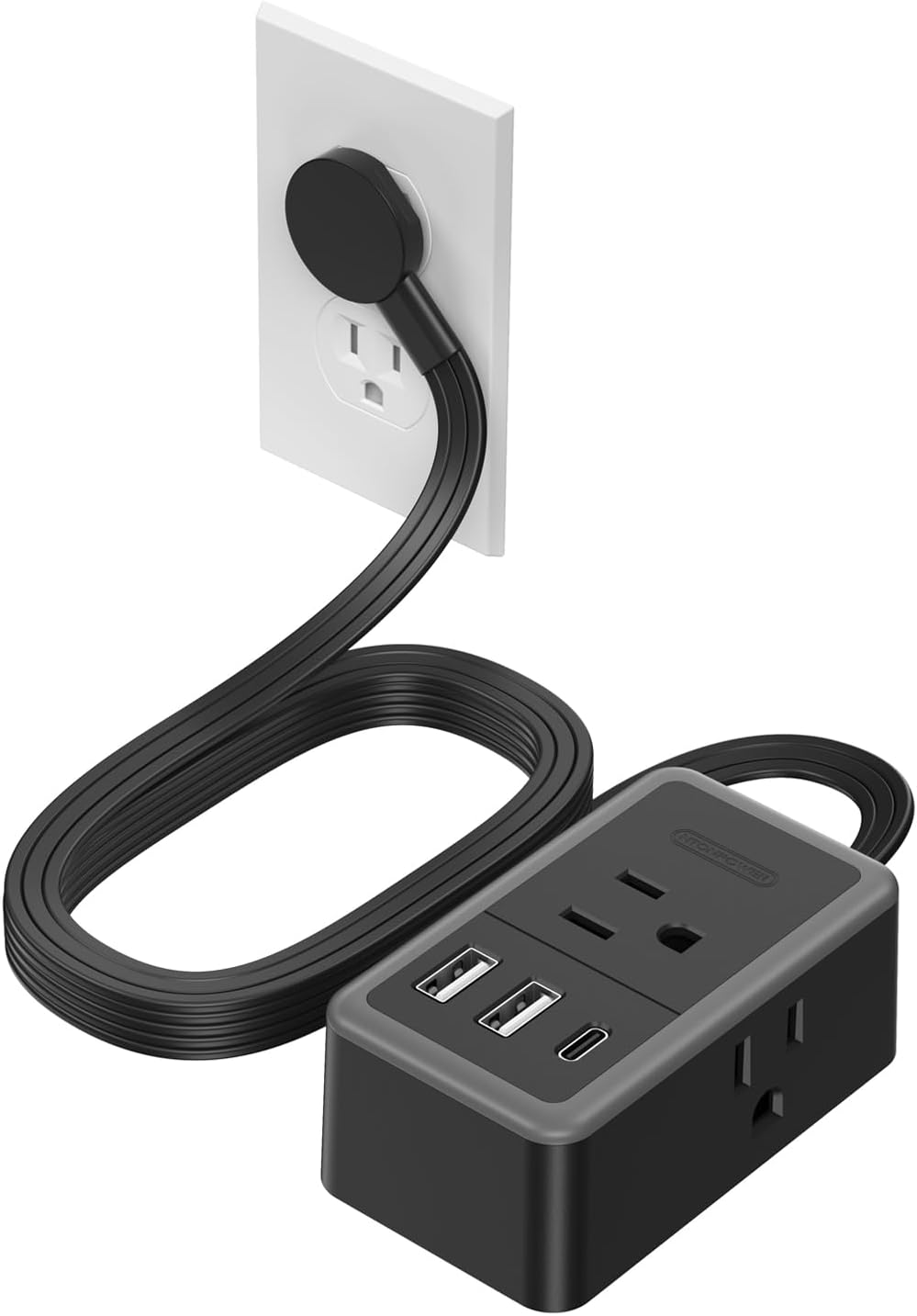 NTONPOWER Flat Plug Extension Cord, 5ft Flat Power Strip with 3 Outlets 3 USB (1 USB C) Black Extension Cord for Home Office Dorm Room Essentials