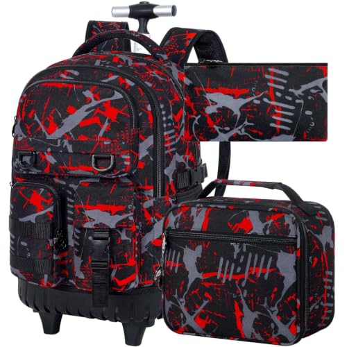 Image of CCJPX 3Pcs Rolling Backpack for Boys, Roller Wheeled School Bookbag, Graffiti Wheels Backpacks with Lunch Box for Kids (Red)