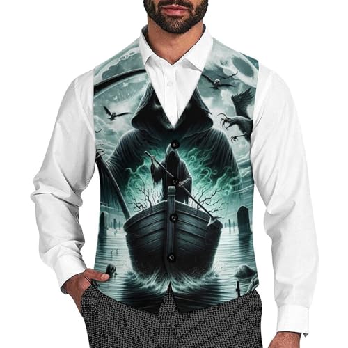 Grim Reaper with Scythe on A Boat Men's Suit Vest Slim Fit V-Ncek Waistcoat Business Casual Vest