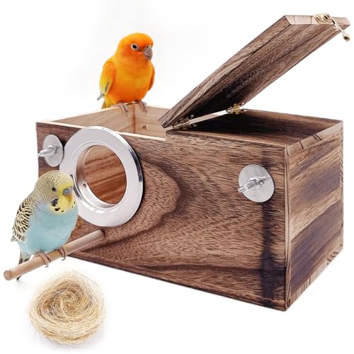 Image of kathson Parakeet Nesting Box,Wooden Budgie Breeding Mating Boxes,Parrots Nest House Hut for Cage,Bird Nesting Box for Lovebirds,Conure,Canary,Finch and Small Medium Birds, M