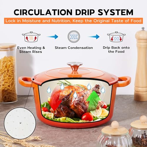 Onader 3QT Cast Iron Dutch Oven Pot with Lid, Round Dutch Oven for Sourdough Bread Baking, Small Enameled Heavy Duty Cookware - Orange