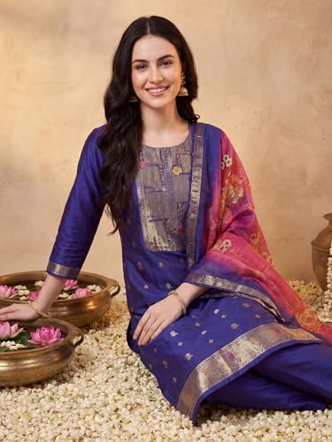 Image of INDO ERA Women's Straight Silk Blend Ethnic Motifs Printed Kurta & Pant With Dupatta Set (IESTR10385)