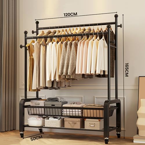 GLQ - Kleiderständer auf Rollen,kleiderstange rollen,kleiderständer stabil,kleiderständer mit rollen mit Doppelschichtige Lagerung mit zwei Kleiderstangen(Schwarz)