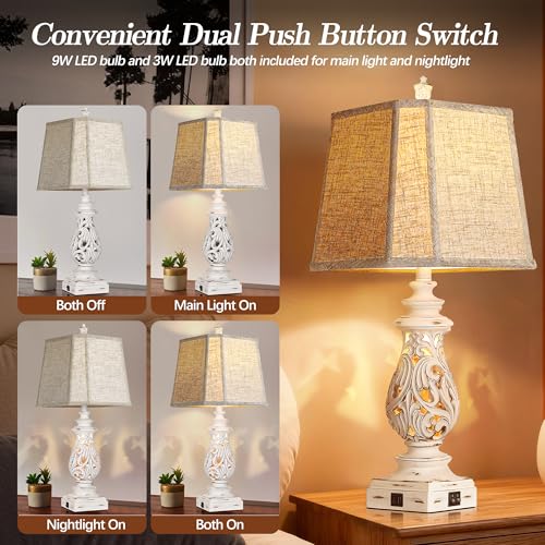 PARTPHONER 29" Table Lamps Set of 2, Bedside Lamps with USB A+C Ports & Night Light, Farmhouse Nightstand Lamps with Linen Fabric Shades for Bedroom Living Room, Antique White (LED Bulbs Included) - Image 3