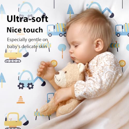 Image of Baby Crib Sheets for Boys and Girls, 3 Pack Toddler Bed Sheets for 52 inchx28 inch Standard Toddler Mattresses, Soft Microfiber Fitted Crib Sheets Neutral Blue Truck
