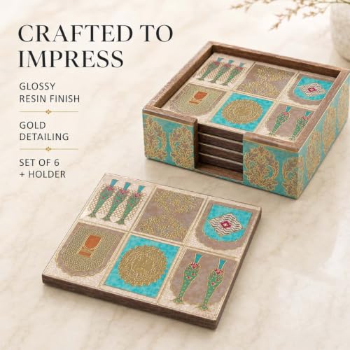 Image of The Earth Store Premium Mughal Heritage Wooden Coaster Set of 6 with Matching Holder - Engineered Wood with Resin Art Wooden Coaster | Tea Coaster Set of 6 | Square Coaster Set for Dining Table