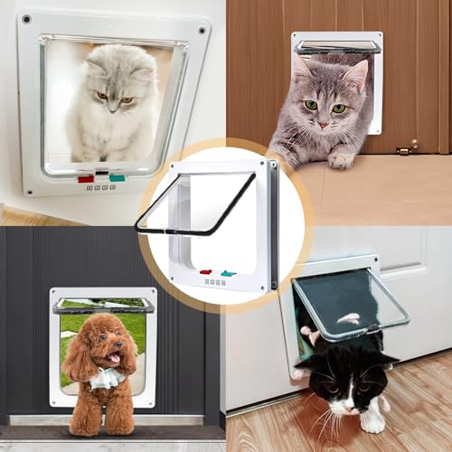 Katzentür, Sicherheits-Haustier-Tür mit 4-Wege-Schloss, Katzenklappe Innentür, Hundeklappe für Hundes, Wetterfest-einfache Installation Cat Klappe Tür für Innen Außentür, Fenster, Wand