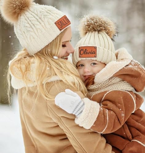 Personalize Baby Pom Beanie with Name, Custom Newborn Leather Patch Baby Beanie Hat, Custom Newborn Hat Gifts2