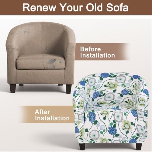 Image of SearchI Club Chair Slipcover Stretch Barrel Chair Covers Printed Tub Chair Slipcovers Soft Spandex Armchair Sofa Cover Removable Couch Furniture Protector for Living Room (Green Floral)