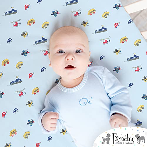 Frenchie Mini Couture, Fitted Crib Sheet Single, 100% Woven Cotton, Toddler Fitted Sheet, Fits Standard Size Baby Mattress 28 X 52 X 8In, Cars, Boats, & Planes (Light Blue) #TOP3