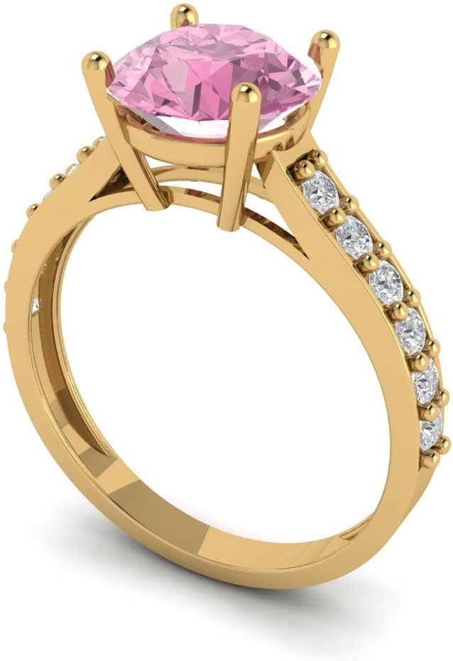 Clara Pucci 14K Solid Gold Engagement Ring for Women | 2.3 cttw Pink Diamond Round Cut Solitaire with Accents | Real Yellow Gold Wedding Ring