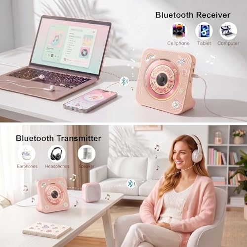 Image of Gueray CD Player Portable Bluetooth Desktop CD Player for Home with Timer Built-in HiFi Speakers with LCD Screen Display Boombox FM Radio USB Type-c (Pink)
