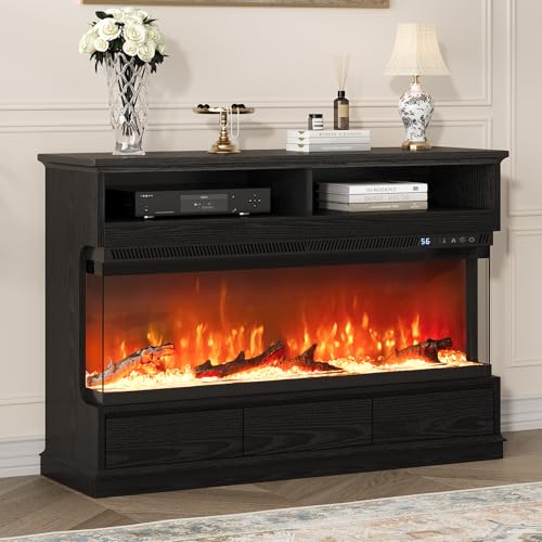 4 EVER WINNER Fireplace TV Stand with 50" Electric Fireplace, Fireplace Entertainment Center with 3-Side Glass Insert, 3 Drawers, TV Consoles for Living Room, Black