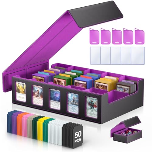 Image of 3900+ Trading Card Storage Box for MTG TCG PTCG Sports Card, Black Purple | 5-Row 3900+ Capacity Card Case, Magnetic Lid & Commander Display, Top Loader Storage, Includes Dividers & Dice Box