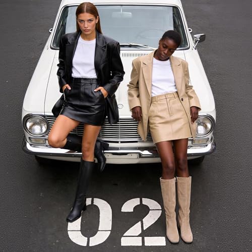 Image of Modatope Knee High Boots Women Chunky Heel Square Toe Fashion Tall Boots | Side Zipper pu Leather Tall Boots,Chunky Heel 70s Gogo Boots,Fashion Heeled Fall Winter Boots,Long Dressy Boots for Women