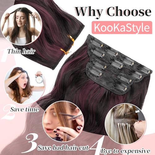Image of KooKaStyle Wavy Thick Clip in Hair Extensions 20 inch Burgundy mix Dark Brown | 4 Pieces Clip in Extensions,Fiber Double Weft Hairpieces,Natural Volume,Beach Wave Long Synthetic Hairpieces for Women