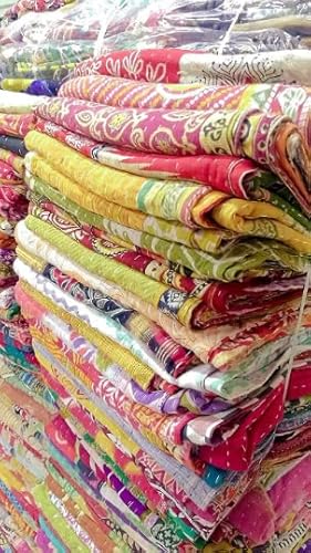 Shakdeco Lot Of Vintage Kantha Quilt, Indian Sari Quilt Kantha Throw Blanket, Antique Kantha Twin Bedspread Bedding, Boho Kantha Quilts (Lot Of 5) Assorted Colors #TOP1