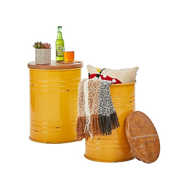 glitzhome Rustic Storage Ottoman Seat Stool, Farmhouse Nesting End Table, Galvanized Barrel Metal Accent Side Table Toy Box Bin with Round Wood Lid for Living Room Furniture, Set of 2, Yellow