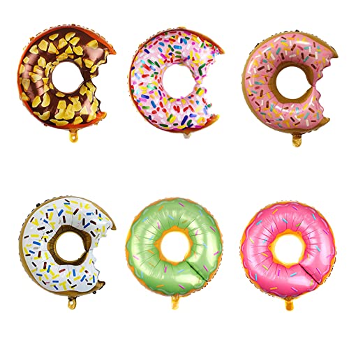 GIICE 6 Pcs Donut Balloon Kit Large Multicolor Aluminum Foil Balloons for Donut to Theme Birthday Party Decorations Baby Shower Wedding Candy Balloons(28 Inch)