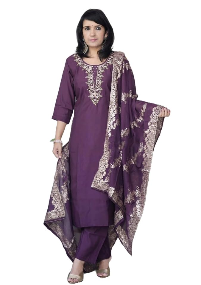 Alvami Women's Silk Solid Regular Kurta Set (Pranjal_Suit_Purple