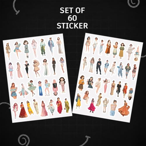 Image of Pack of 60 Aesthetic Fashion Girl Vinyl Stickers | Waterproof Self-Adhesive Decals for Laptop, Water Bottle, Mobile, Diary, Journal, Scrapbook, Luggage, Helmet & DIY Decoration