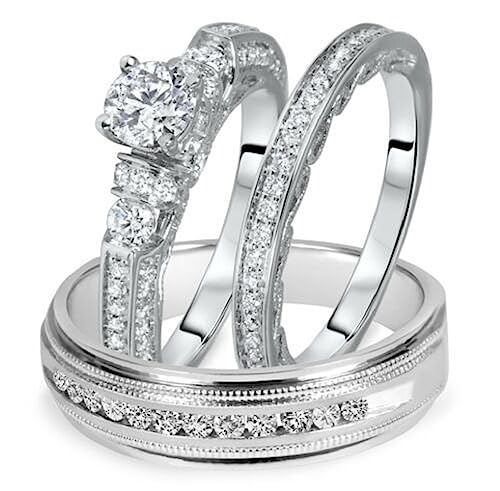 Round Cut White Diamond 925 Sterling Silver Diamond His/Her Wedding Trio Ring Set 14K White Gold Over