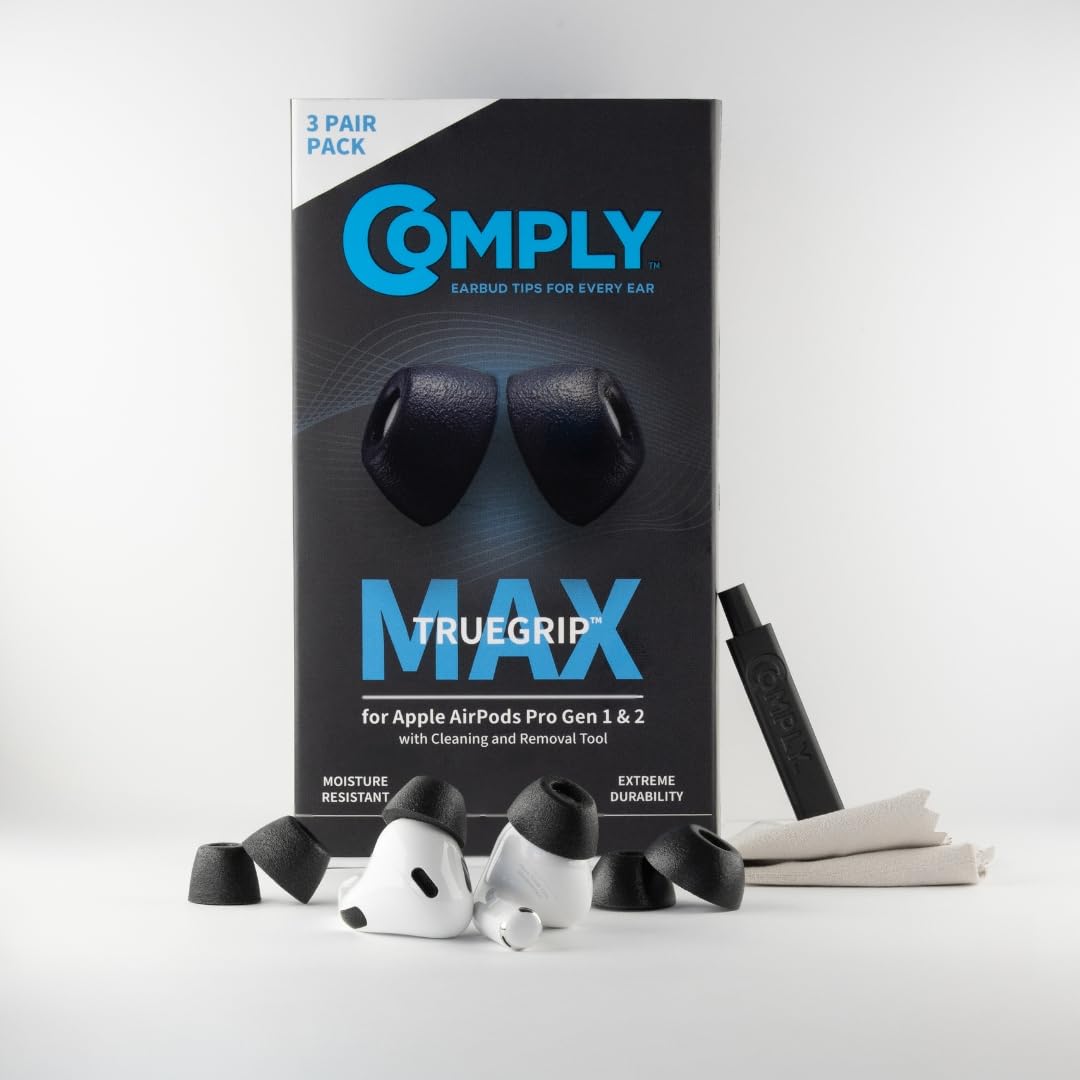 Comply TrueGrip MAX | Premium Memory Foam Replacement Eartips for Apple AirPods Pro (1 & 2 Generation) | SmartSkin™ Technology | Black, Medium, 3 Pairs